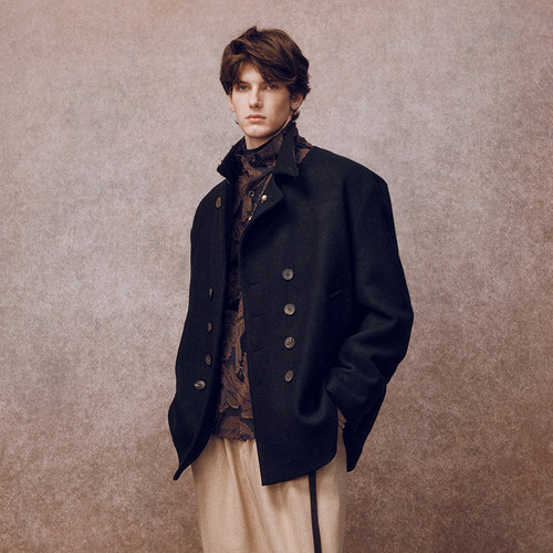 「秋冬新品」SageSalt 藏青色纯羊毛海军双排扣短大衣外套 9022NV