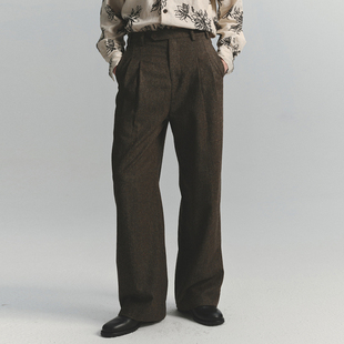 3026BR 深褐色羊毛双褶直筒西裤 SageSalt 早秋限定系列