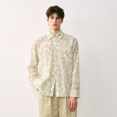 「春夏新品」SageSalt 盐缩印花男女长袖浅绿色衬衫 1036GN