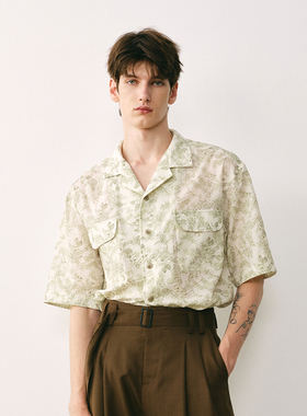 「春夏新品」SageSalt 浅草绿 古巴领盐缩印花短袖衬衫 1044GN