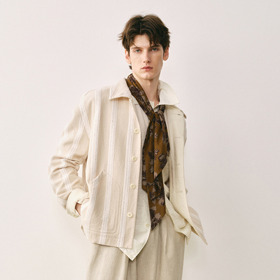「春夏新品」SageSalt 亚麻色棉麻混纺提花条纹夹克 6043ST