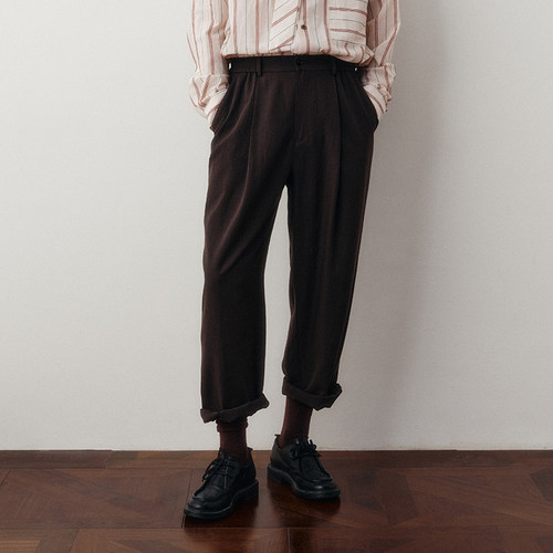 「春夏新品」SageSalt 斜纹羊毛混纺熟褐色九分裤 3043BR