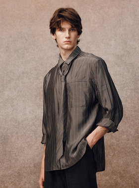 「秋冬新品」SageSalt 深灰色铜氨条纹长袖衬衫1049DG