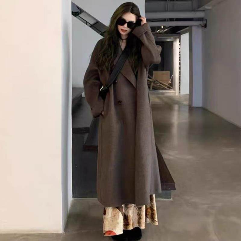 摩卡棕双面羊绒大衣女2025新款中长款韩系高级感宽松呢子羊毛外套