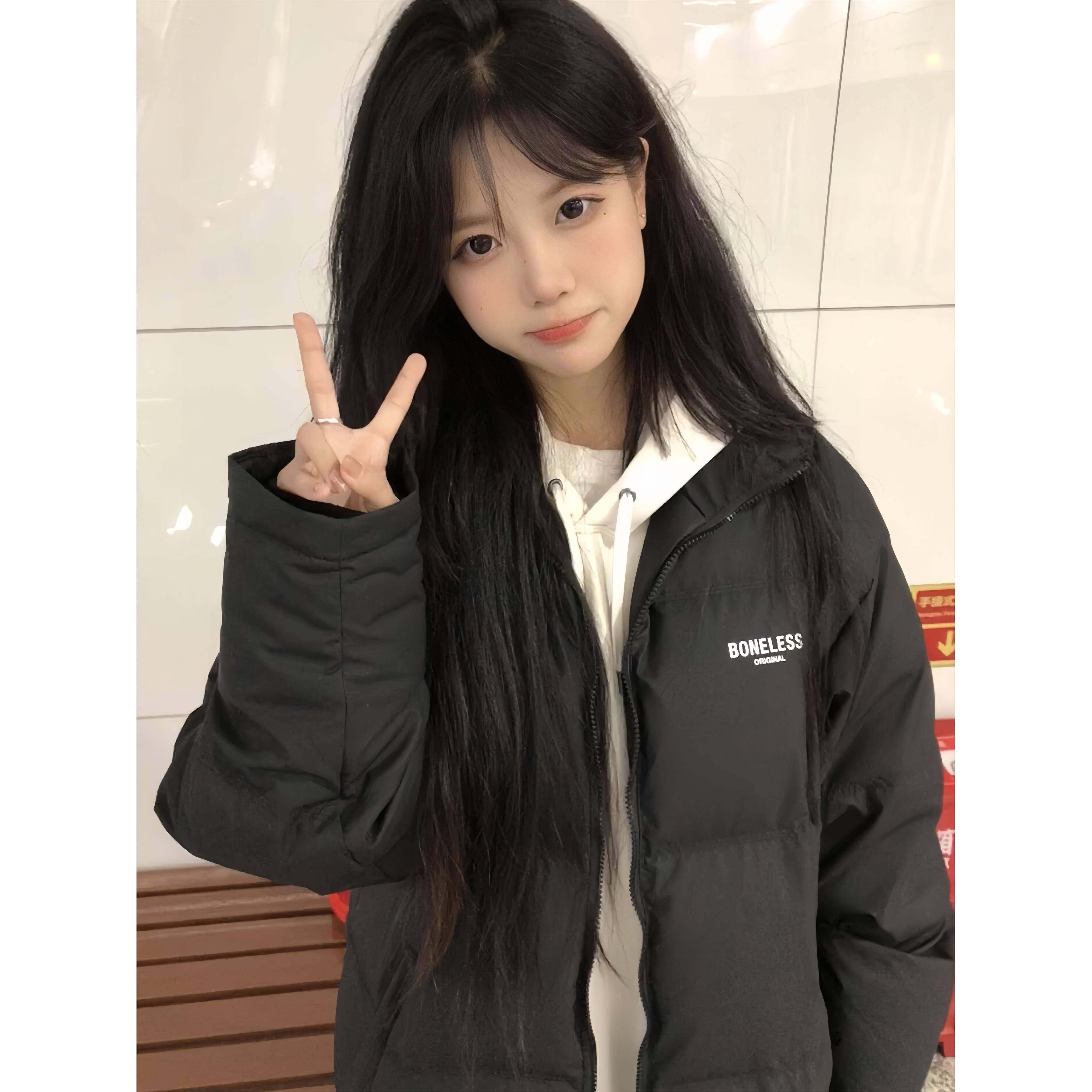 黑色百搭小个子面包棉服女大童冬季初中高中学生宽松加厚外套棉袄