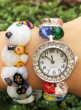 跨境彩色白色千花琉璃手镯串珠花朵手链欧美外贸个性新款手链饰品