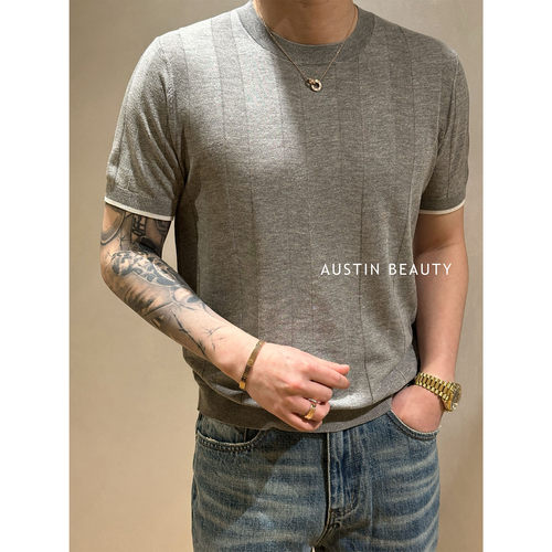 AUSTINBEAUTY【26ss新品】亚麻莱赛尔竖条正反提花针圆领针织短袖