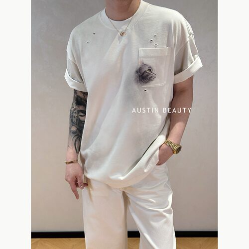 AUSTINBEAUTY【浅瞳掠影】男士素描猫咪印花水洗做旧圆领T恤短袖