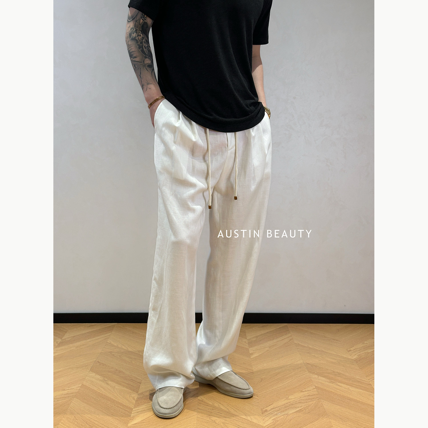 AUSTINBEAUTY【清麻叙语】夏季莱赛尔亚麻混纺休闲裤抽绳双褶宽松