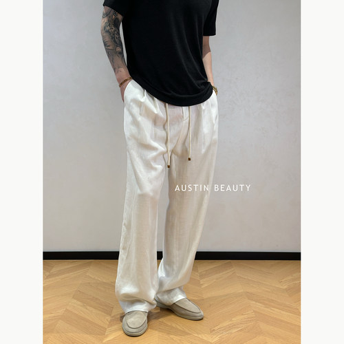 AUSTINBEAUTY【清麻叙语】夏季莱赛尔亚麻混纺休闲裤抽绳双褶宽松