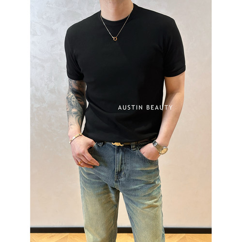 AUSTINBEAUTY 透气坑条棉感基础T恤2026新款简约修身百搭男士短袖