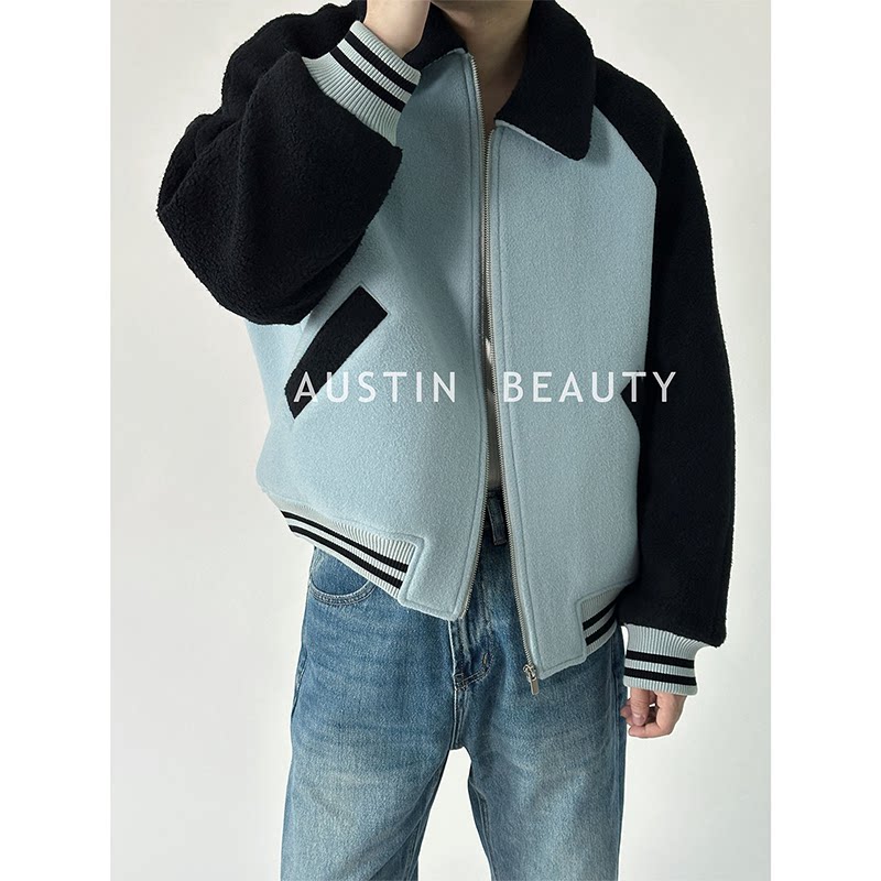 AUSTINBEAUTY【冬季重磅】撞色拼接宽松羊毛呢翻领棒球羽绒服