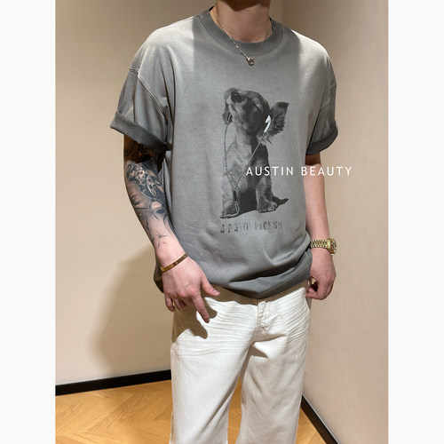 AUSTINBEAUTY【声线犬迹】男士水洗做旧狗狗印花T恤松弛休闲短袖