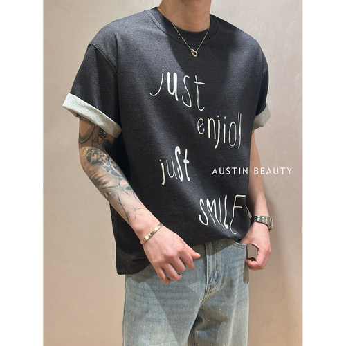 AUSTINBEAUTY 【Just Smile】男士印花撞色休闲款短袖T恤宽松百搭