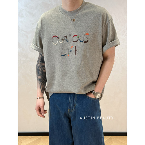 AUSTINBEAUTY【夏日限定】男士纯棉短袖高定刺绣圆领T恤通勤百搭