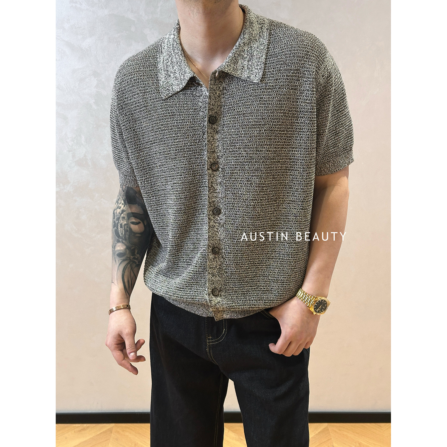 AUSTINBEAUTY 【混纱序章】镂空针织男士POLO开衫透气日常百搭款
