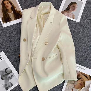 上衣 春秋小个子休闲收腰双排扣西服套装 米白色西装 外套女2026新款