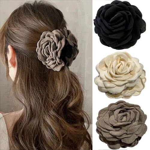 French Fabric Rose Flower Hair Claw Clips For Women Girls Ha