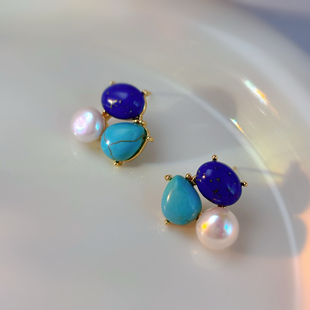新款仿青金石耳钉女小众设计感高级轻奢气质百搭耳环耳饰耳坠