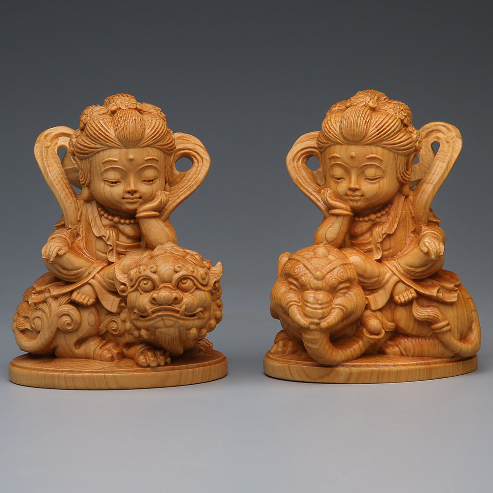 崖柏木雕普贤文殊大象普贤坐狮子摆件 本命年生肖实木佛像工艺品