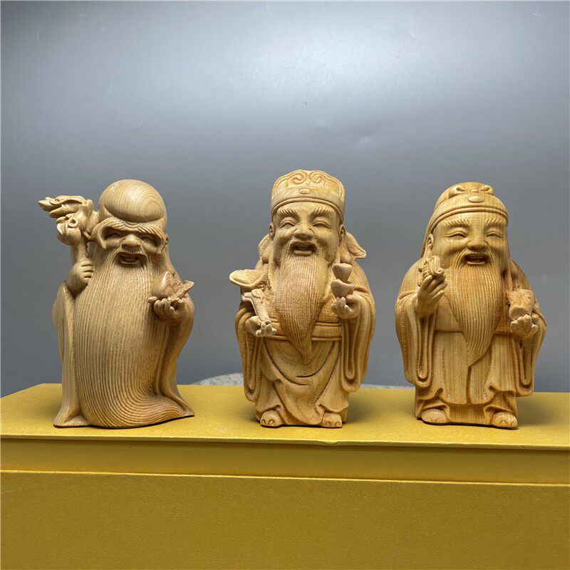 黄杨木雕福禄寿财神实木摆件祝寿公佛像居家客厅镇宅招财崖柏