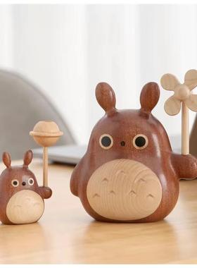 实木龙猫摆件风车木质车载玩偶装饰桌面花插卡通创意可爱礼物