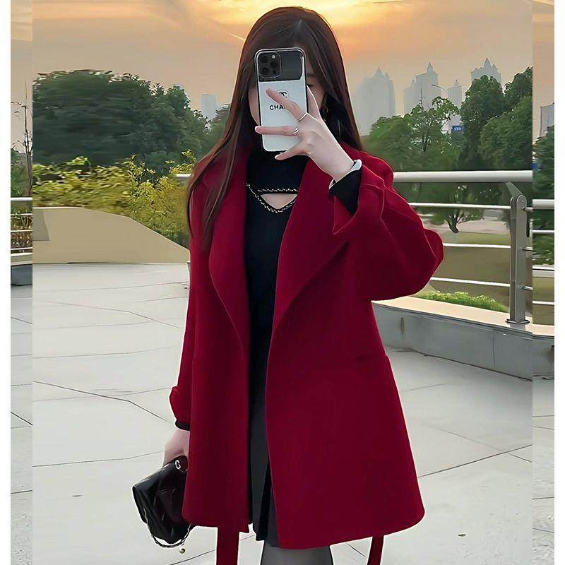 红色双面毛呢大衣女中长款秋冬高级感加厚小个子双面呢显瘦外套,女装/女士精品,时尚套装,淘宝优惠券,粉丝福利购,淘宝优惠卷