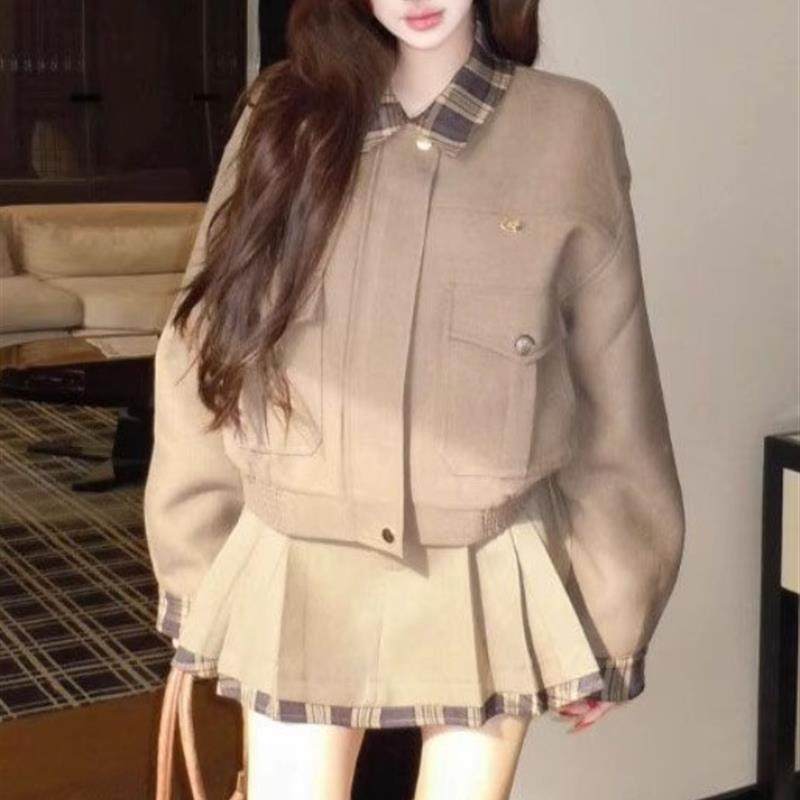 复古格纹拼接翻领毛呢外套女冬季miu系千金套装百褶半身裙两件套,女装/女士精品,时尚套装,淘宝优惠券,粉丝福利购,淘宝优惠卷