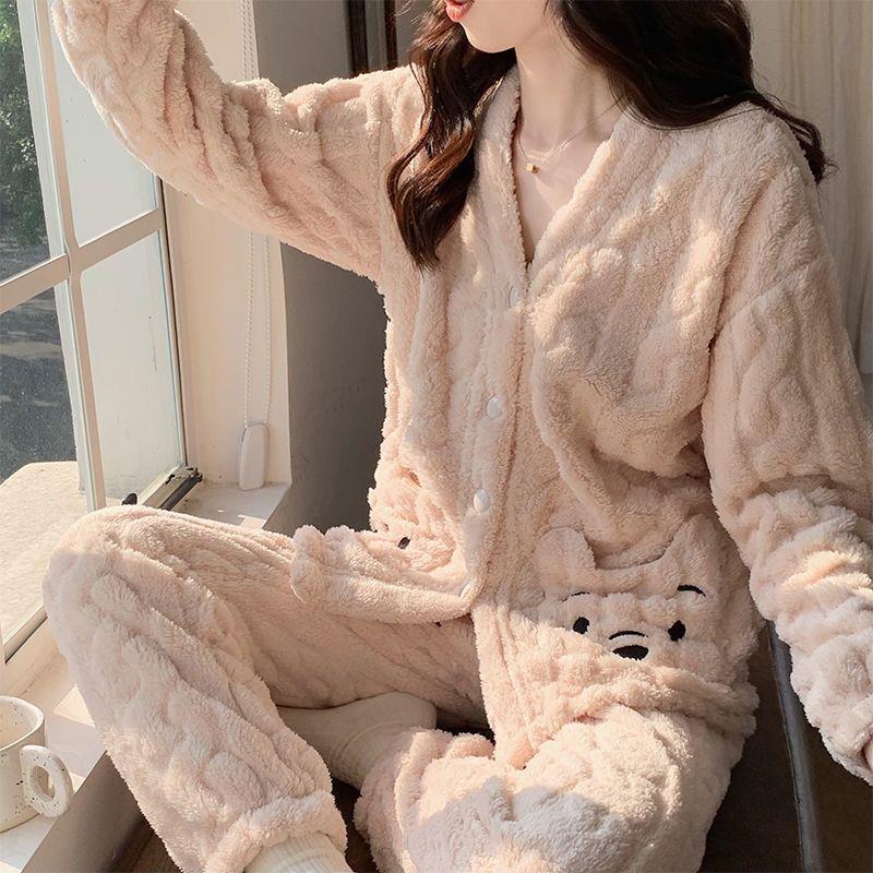 睡衣女秋冬珊瑚绒加绒加厚卡通甜美可爱小熊法兰绒休闲宽松家居服