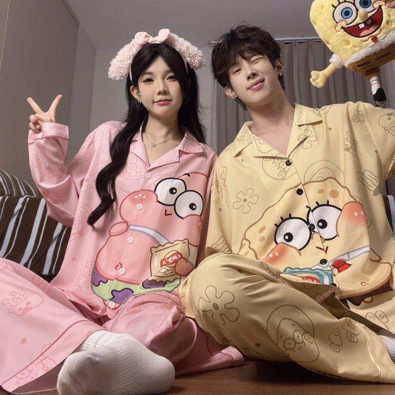 情侣睡衣女士秋季新款长袖冰丝海绵宝宝派大星男士家居服两件套