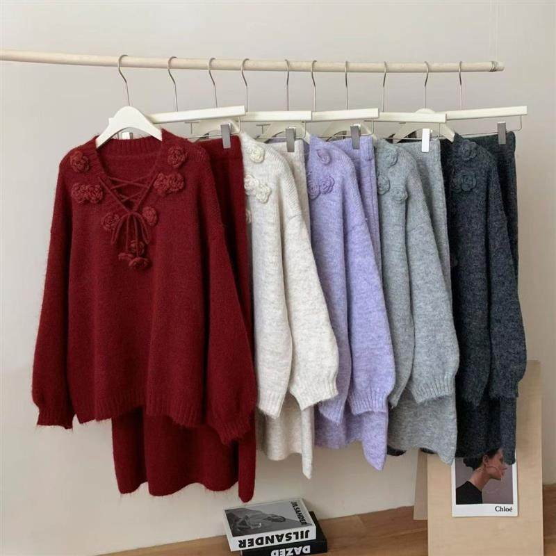 2025韩系重工立体手工钩花针织套装毛衣两件套重工钩花领口,女装/女士精品,时尚套装,淘宝优惠券,粉丝福利购,淘宝优惠卷