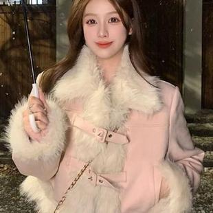 粉色小香风夹棉套装女一整套初冬穿搭千金风毛毛外套高级感半身裙