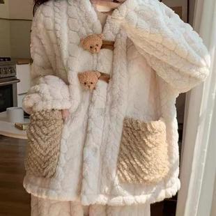 珊瑚绒睡衣女秋冬加厚加绒保暖法兰绒奶呼轻松熊可外穿家居服套装
