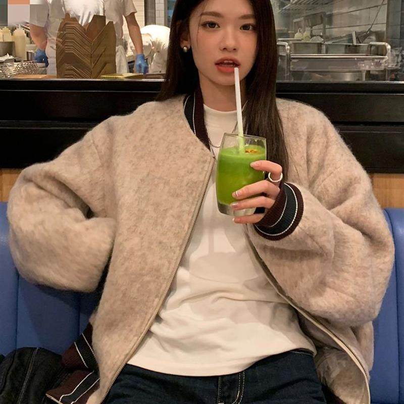 大码女装美式复古毛呢外套女早春新款加厚拉链棒球服夹克宽松上衣,女装/女士精品,时尚套装,淘宝优惠券,粉丝福利购,淘宝优惠卷
