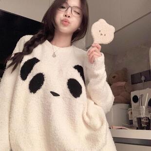 可爱熊猫半边珊瑚绒绒睡衣女款冬季加厚加绒家居服两件套保暖冬天