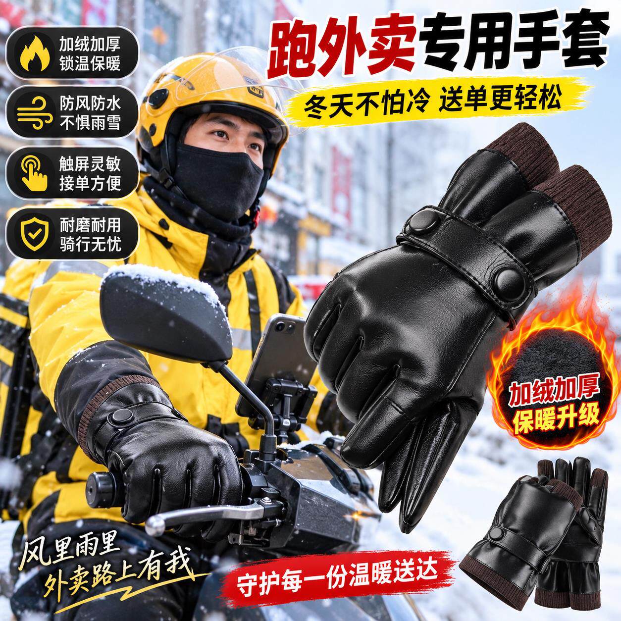 冬季跑外卖专用手套快递员骑手装备骑行保暖开电动车防寒加绒防风