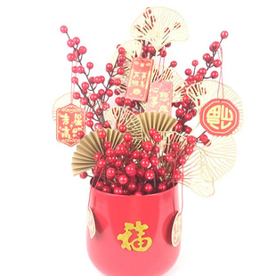 仿真红果相思豆 福桶抱抱桶新年乔迁喜庆摆设 金钱叶银杏招财福桶