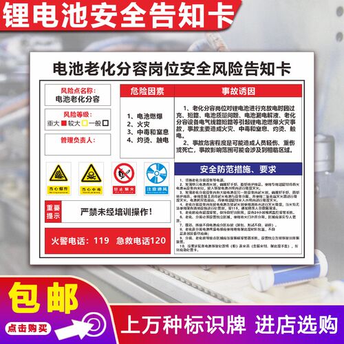 锂离子电池仓库岗位风险告知火灾事故现场处理方案警示安全标识牌