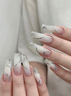 白开水美甲穿戴甲辣妹美甲氛围感白色腮红爆闪线条纯手工穿戴甲片
