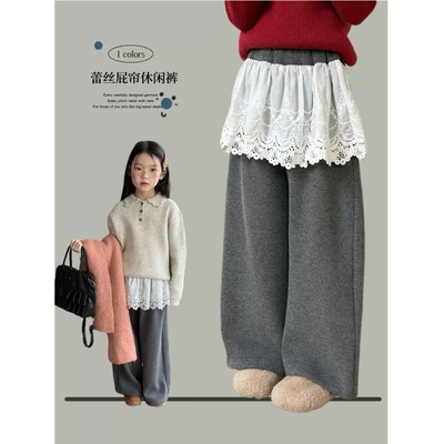 女童假两件加绒保暖直筒裤