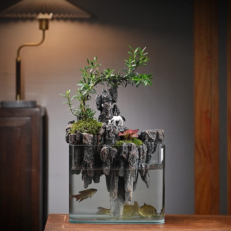 假山流水鱼缸造景黄杨绿植摆件创意办公室客厅桌面水循环开业礼品