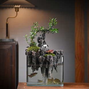 假山流水鱼缸造景黄杨绿植摆件创意办公室客厅桌面水循环开业礼品