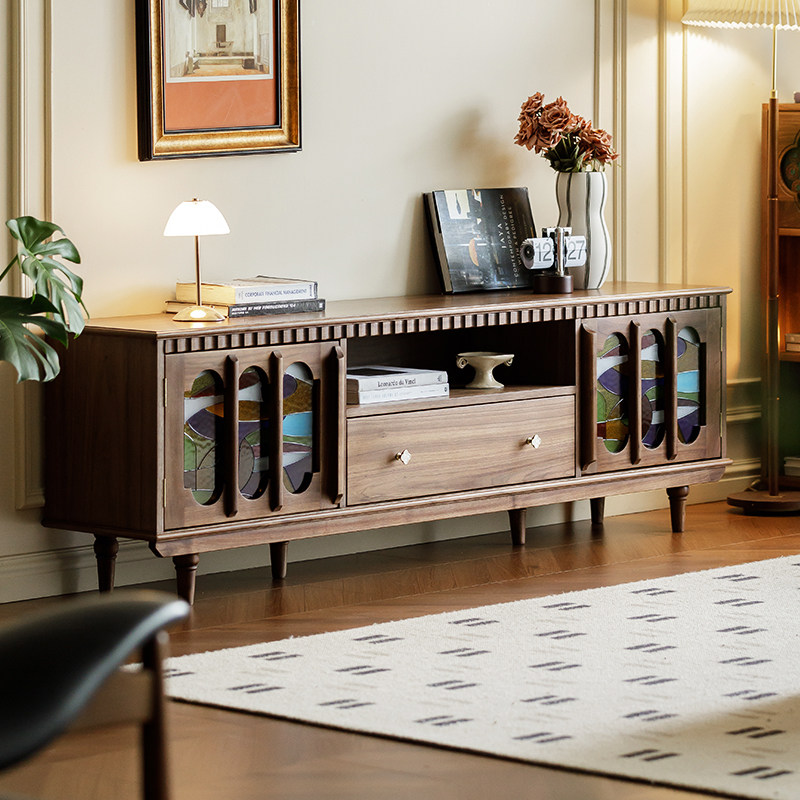 复古全实木电视柜客厅收纳储物柜轻奢抽屉展示柜黑胡桃木视听柜