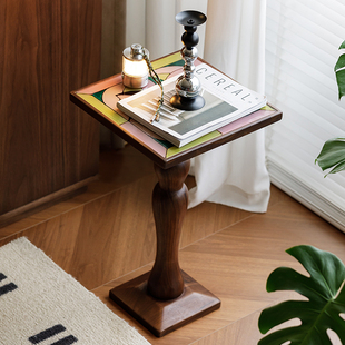复古艺术风实木边几黑胡桃木方形角几可移动床头桌沙发迷你小茶几