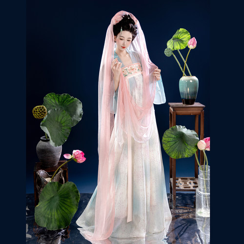阑珊小记【芙蕖月】原创唐制复原对襟衫齐胸裙襦裙套装披帛汉服女