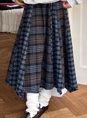 nothe Case「栗岛木屋」不规则拼接格纹半裙 显瘦复古中长裙