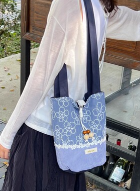 nothe Case「蓝屿扶桑」原创小众拼接水桶包 清新百搭单肩布袋