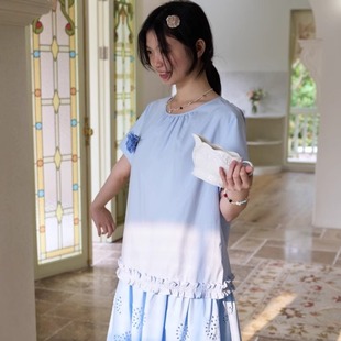 nothe Case「摇篮曲」蓝色花边短袖上衣 正肩捏褶圆领基础小衫