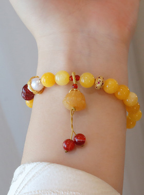 黄色金丝玉红玛瑙铃兰花手链女复古中国风民族红玛瑙手串手饰