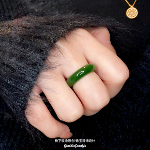 天然和田玉戒指碧玉戒指菠菜绿戒圈飘花玉戒指翡翠戒指情侣款送礼